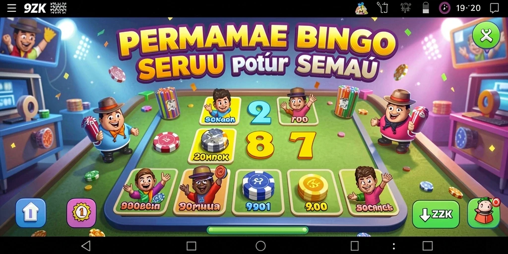 Gameplay seru Bingo di 9ZK dengan kartu warna-warni.