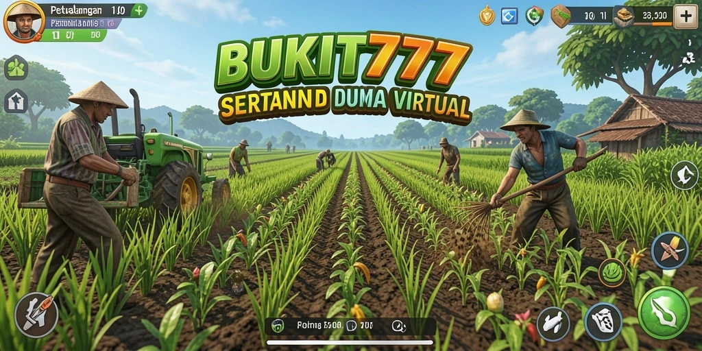Gameplay seru BUKIT777 dengan ladang yang indah dan hewan ternak.
