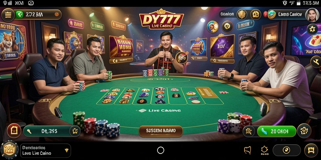 Screenshot utama DY777 menampilkan dealer cantik dalam permainan Live Casino.