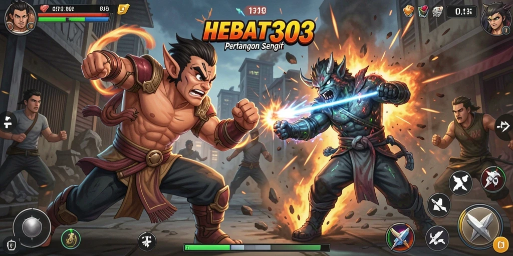 Screenshot gameplay HEBAT303 menampilkan aksi pertarungan yang intens dan karakter-karakter unik.