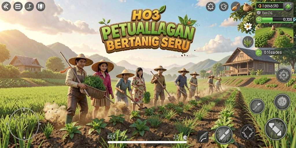 Tampilan gameplay HO3 dengan aktivitas bertani yang menyenangkan.
