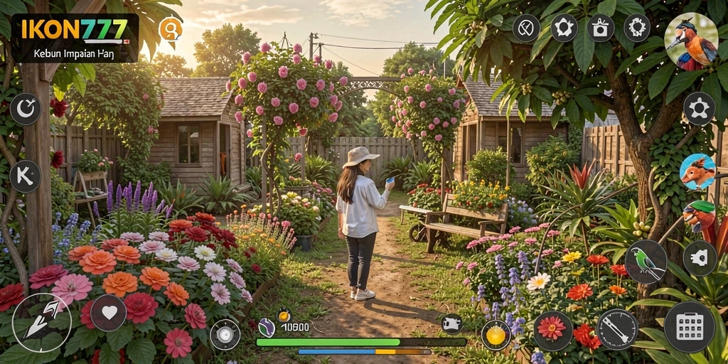 Screenshot gameplay menunjukkan kebun yang subur dan hewan ternak.