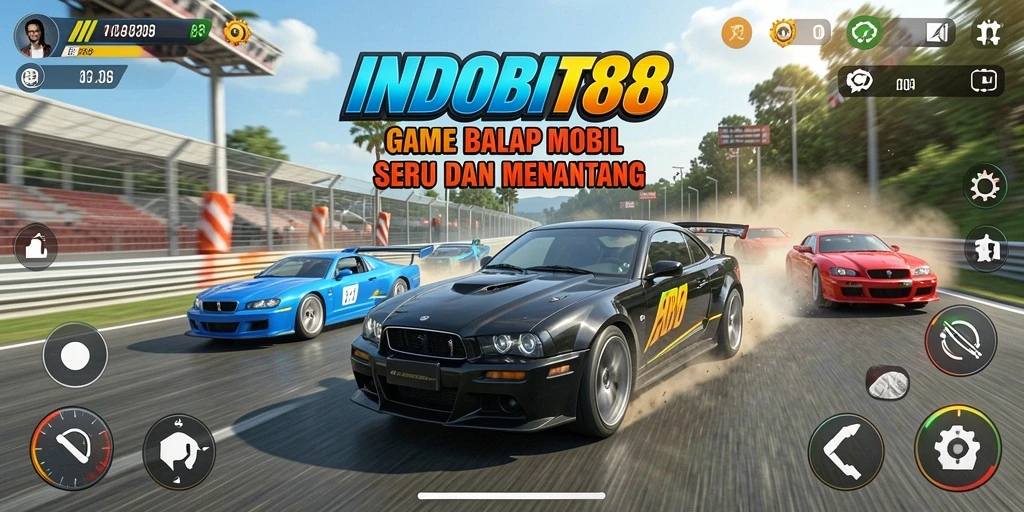 Tampilan gameplay INDOBIT88 yang penuh aksi di sirkuit balap.