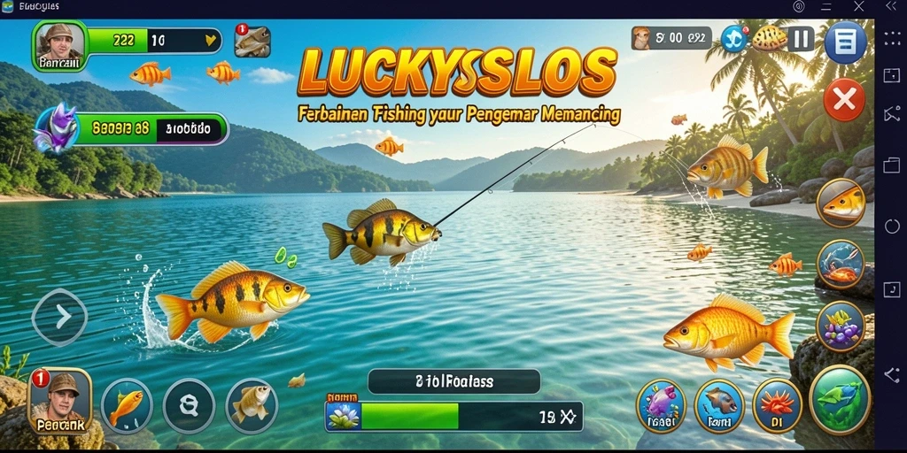 Screenshot gameplay LUCKYSLOTS menampilkan keseruan memancing di berbagai lokasi.