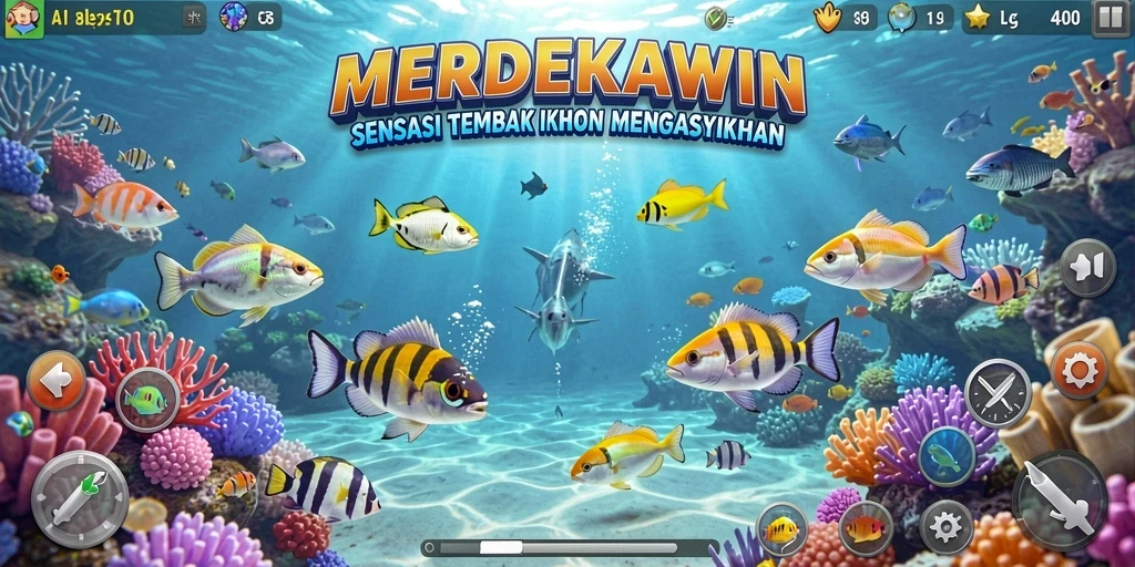 Screenshot gameplay MERDEKAWIN menampilkan keseruan menembak ikan.