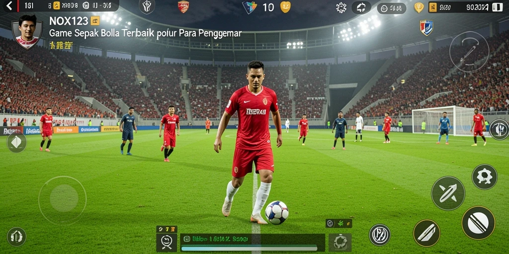 Tampilan gameplay NOX123 yang aksi dan dinamis dalam lapangan sepak bola.